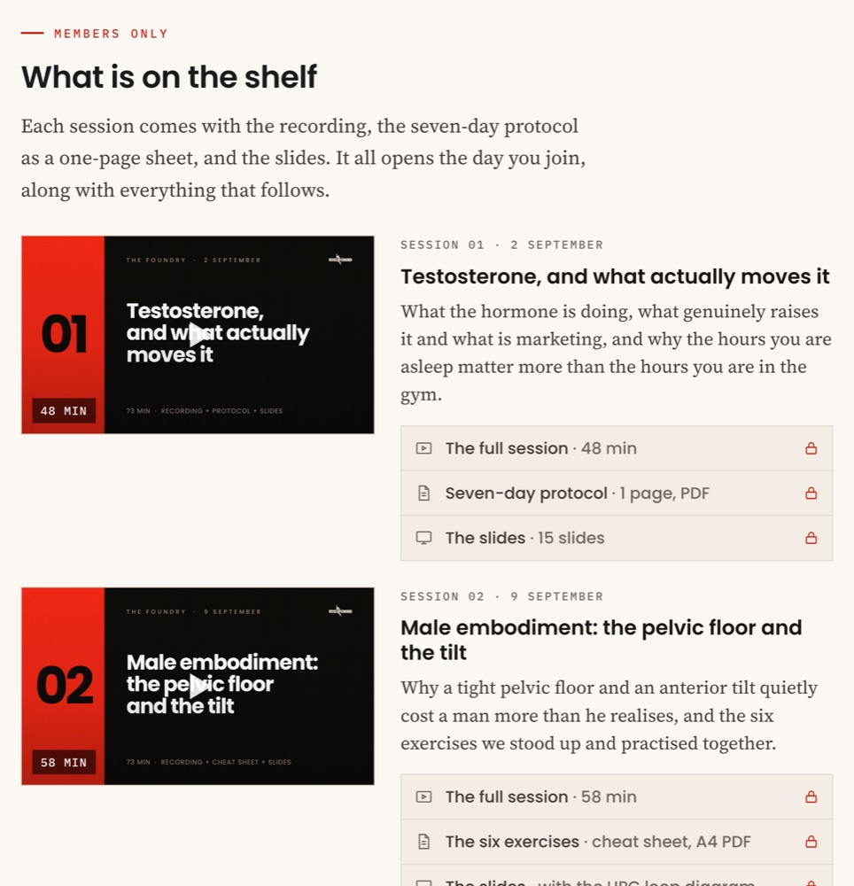 The library page: each session filed with its recording, practice sheet and slides